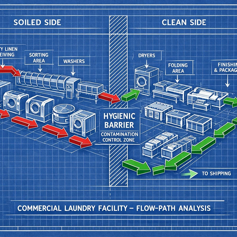 Technical 'Flow-Path' analysis of a commercial laundry facility. Shows the 'Hygienic Barrier' separating the 'Soiled' side from the 'Clean' side to prevent cross-contamination. Engineering blueprint style, red and green directional 3D arrows.