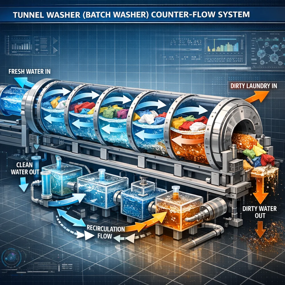 Scientific 3D model of 'Tunnel Washer' (Batch Washer) counter-flow dynamics. Illustrates fresh water entering the back and moving toward the soiled front while garments move in reverse. High-tech engineering schematic, liquid fluid dynamics.