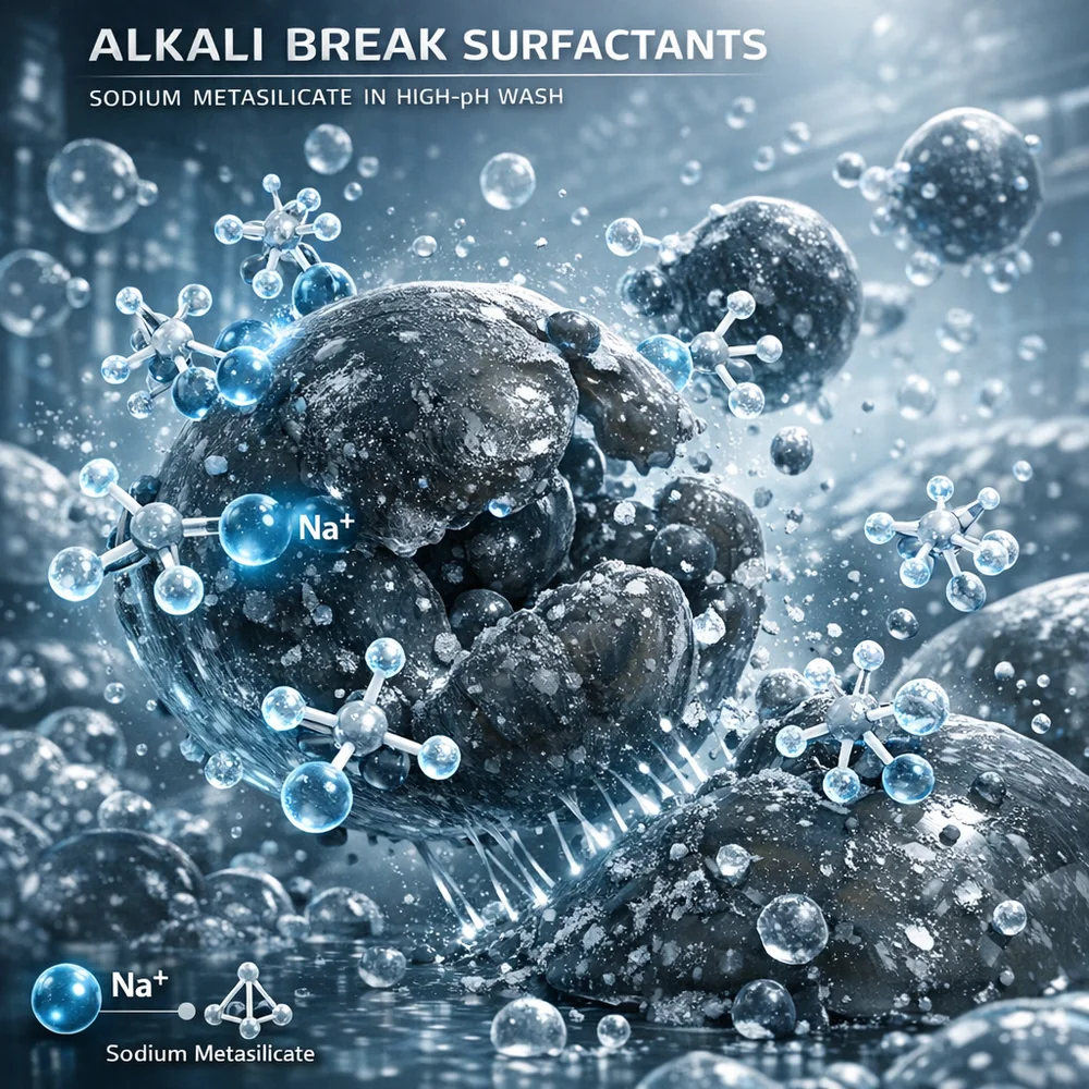 Molecular representation of 'Alkali Break' surfactants in an industrial wash. Shows high-pH sodium metasilicate molecules aggressively emulsifying heavy industrial fats. High-tech medical animation style, clinical grey and blue, 4k.