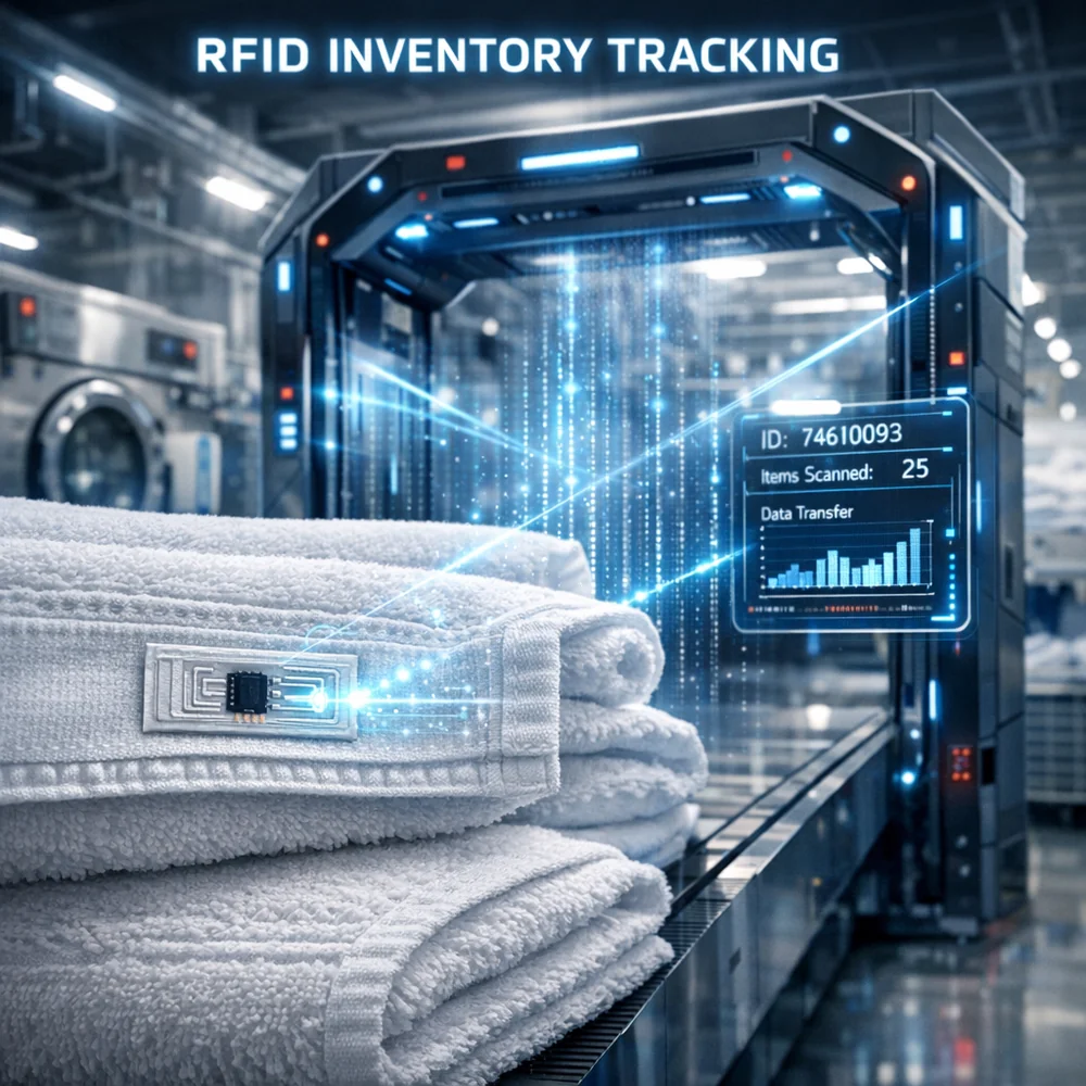 Visualization of 'RFID Inventory Tracking' in a hospital laundry. shows small RFID chips embedded in towel hems being scanned by a high-tech gateway. technical optics visualization, glowing data signals, 8k resolution.