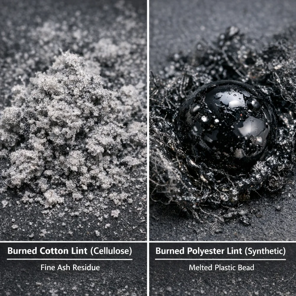 Macro comparison of burned lint samples: one showing fine ash (cotton) and one showing a melted plastic bead (polyester). Scientific contrast, technical photography, 8k.