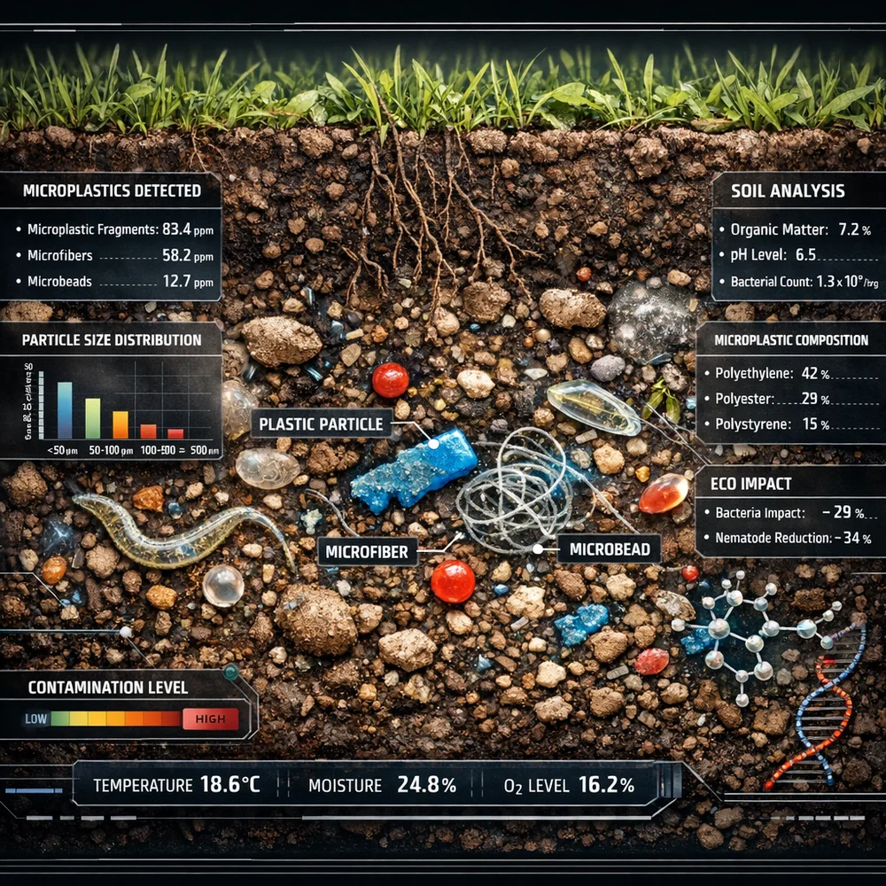 Scientific cross-section of garden soil showing microplastic fragments embedded among natural soil particles. High-tech biological rendering, clinical data overlay.