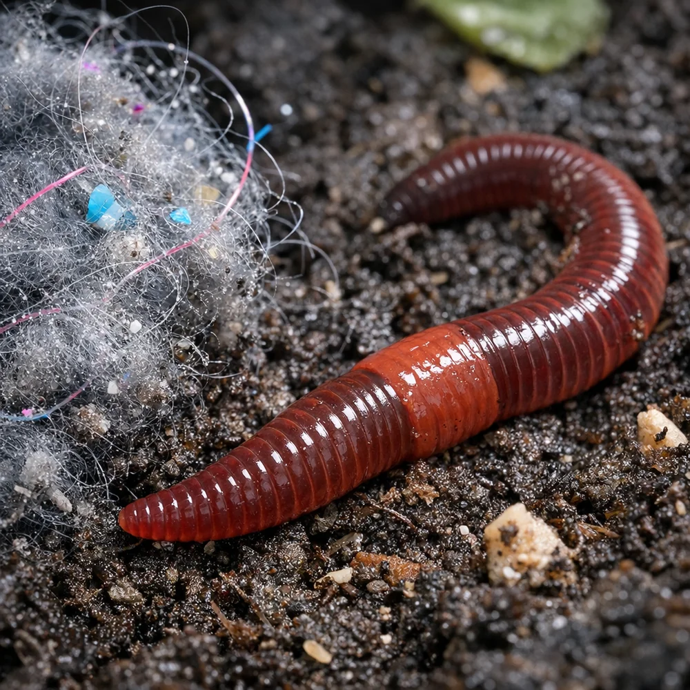 Close-up of a red wiggler worm in a compost bin avoiding a patch of synthetic-contaminated lint. High-tech macro photography, biological visualization, clinical lighting.