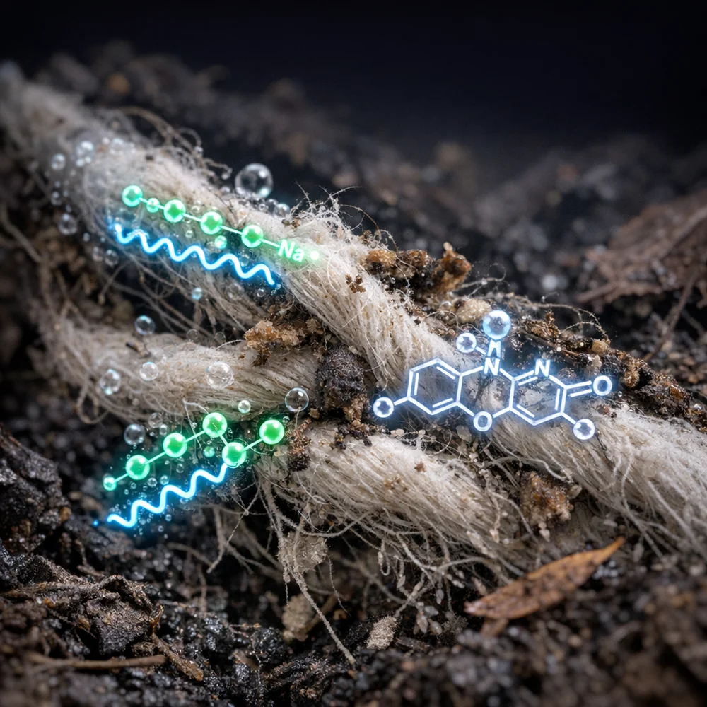 3D visualization of detergent surfactants and optical brighteners clinging to cotton fibers in a compost pile. Glowing chemical structures, clinical dark background.