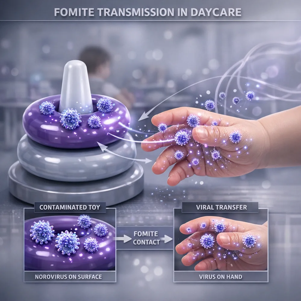 Scientific 3D model of 'Fomite Transmission' in a daycare setting. Shows viral particles (Norovirus) transferring from a shared toy to a child's hand. High-tech medical visualization, clinical grey and purple hues.