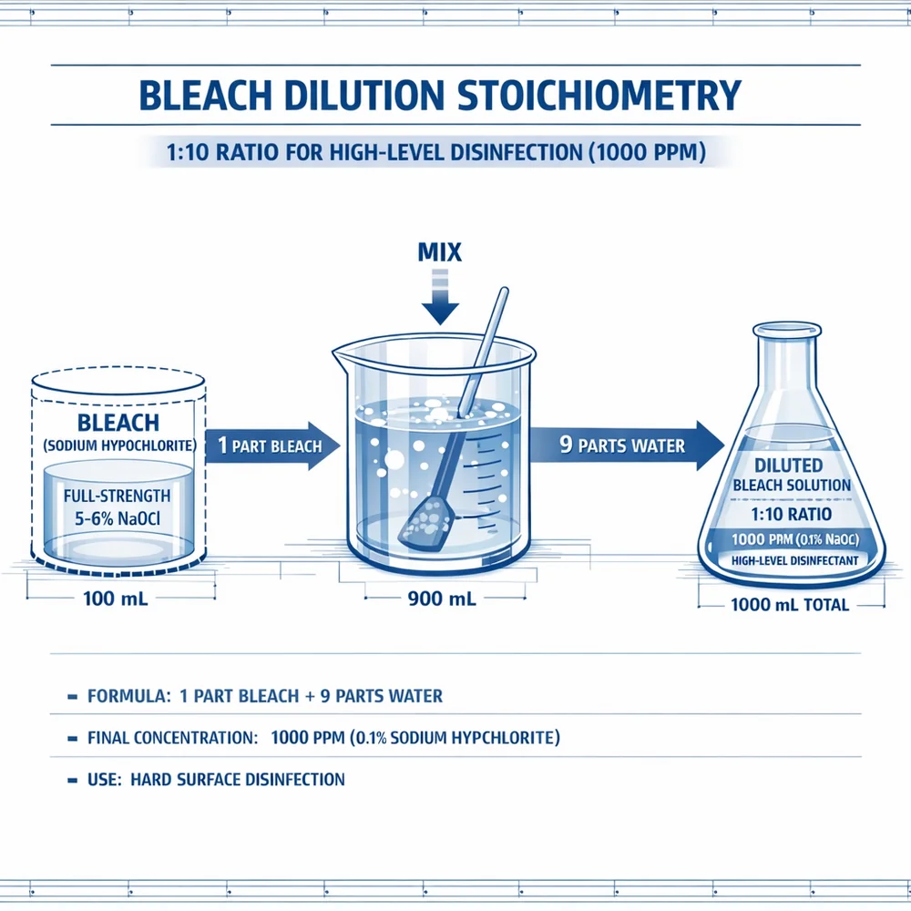 Technical diagram of 'Bleach Dilution Stoichiometry'. Shows the 1:10 ratio (1000 ppm) required for high-level disinfection of hard surfaces. Engineering schematic, clinical blue and white background, data overlay.