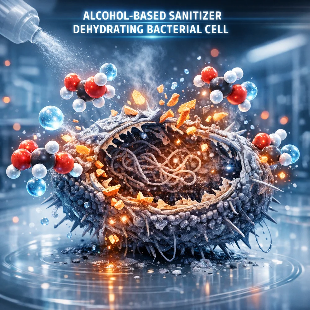 Molecular visualization of 'Alcohol-Based Sanitizer' dehydrating a bacterial cell. Shows the ethanol molecules disrupting the lipid bilayer. High-tech medical animation style, glowing chemical particles, clean lab aesthetic.