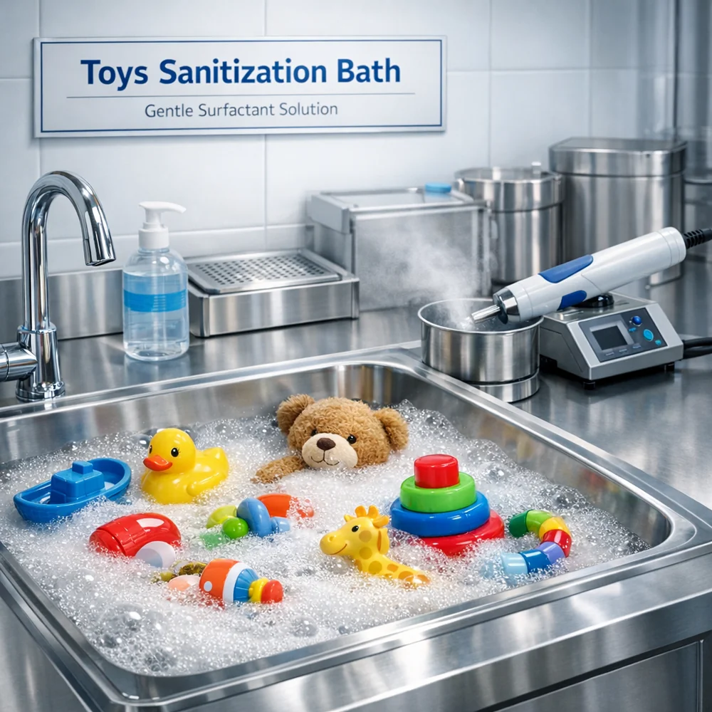 Professional setup of 'Toys Sanitization Bath'. Features a stainless steel sink with a gentle surfactant solution and an ultrasonic cleaning wand in the background. High-tech medical photography, professional lighting, sterile style.