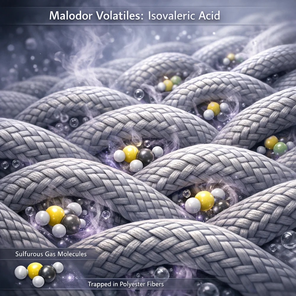 Scientific 3D model of 'Malodor Volatiles' (Isovaleric Acid). shows the sulfurous gas molecules trapped within the textured weave of a polyester fiber. High-tech medical visualization, clinical grey and purple hues, 8k.