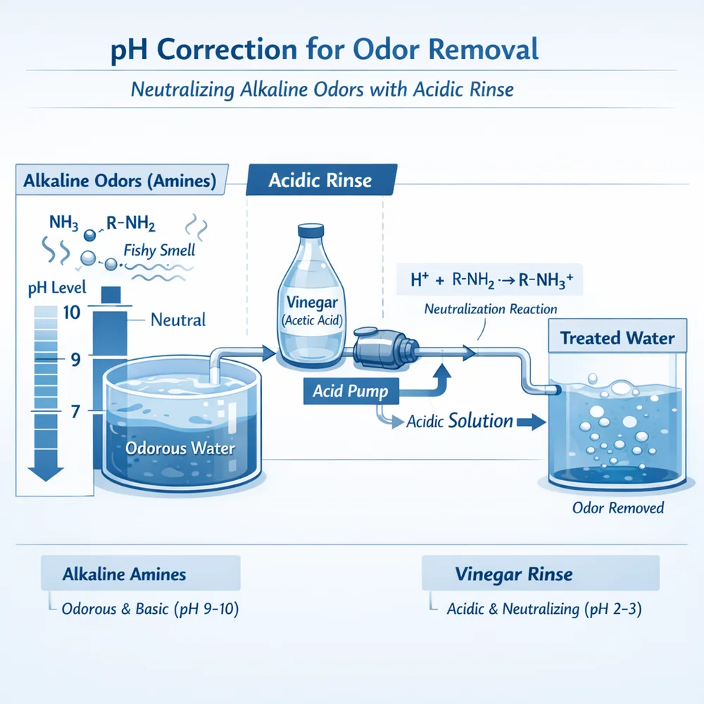 Technical diagram of 'pH Correction' for odor removal. illustrates how an acidic rinse (vinegar) neutralizes alkaline 'fishy' odors (amines). Engineering schematic, clinical blue and white background, data overlay.