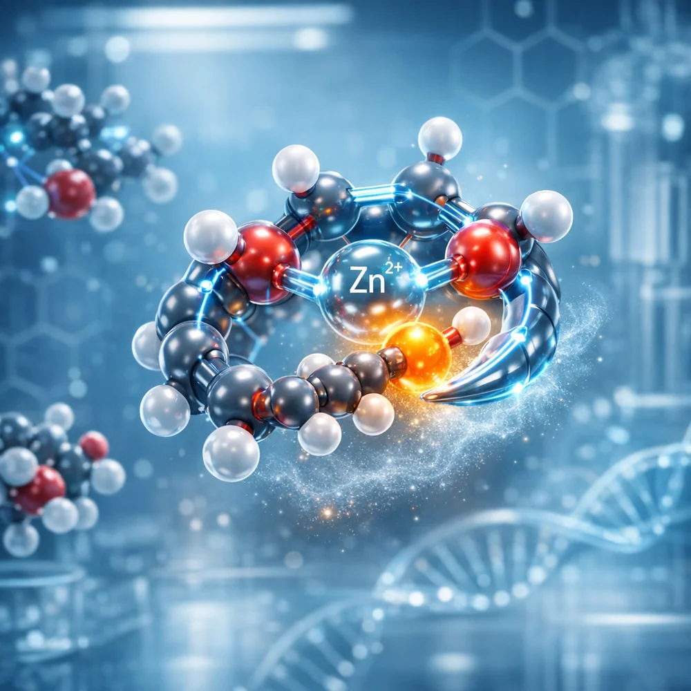 Molecular visualization of 'Zinc Ricinoleate' trapping odor molecules. shows the zinc 'claw' surrounding a volatile fatty acid. High-tech medical animation style, glowing atomic connections, clean lab aesthetic.