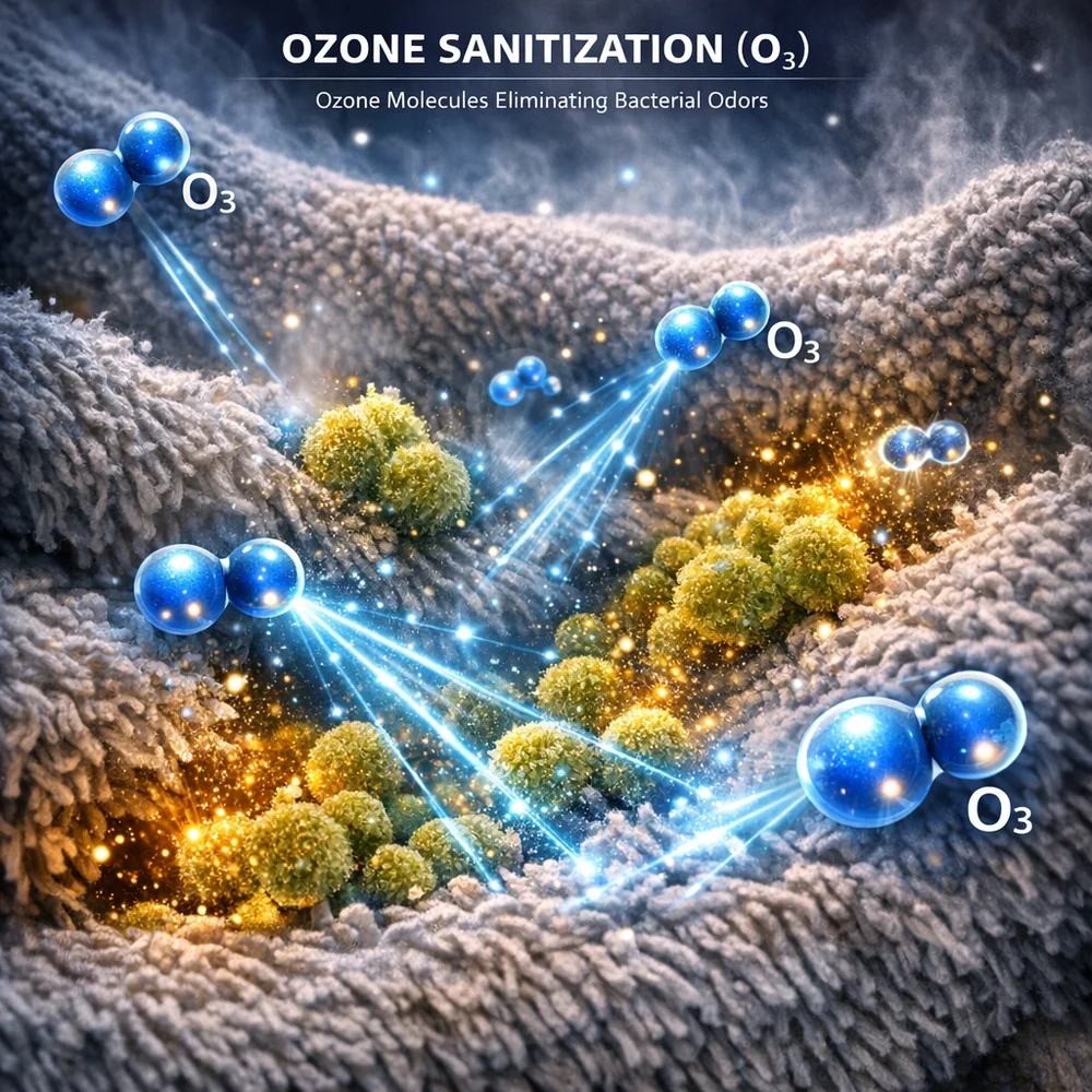 Visualization of 'Ozone Sanitization' (O3). shows ozone molecules penetrating deep into a musty towel to oxidize bacterial-based odors. technical optics visualization, glowing particles, photorealistic.