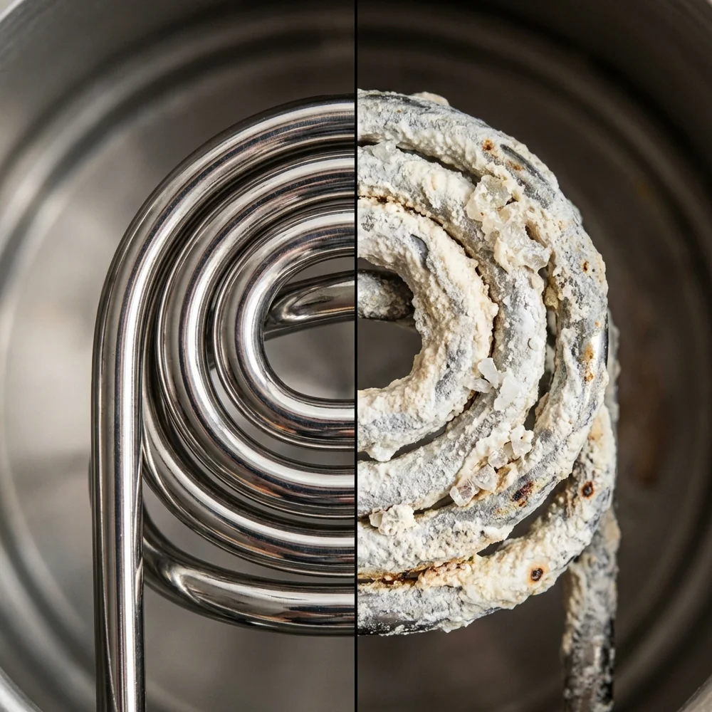 Close-up split view of a pristine heating element versus one covered in white mineral limescale.