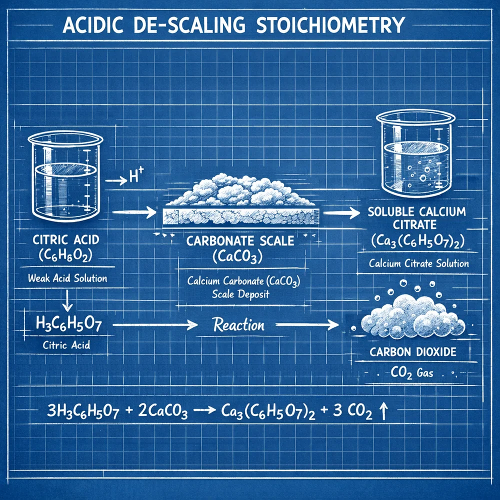 Technical diagram of 'Acidic De-scaling Stoichiometry'. illustrates how citric acid (C6H8O7) reacts with carbonate scale to produce soluble calcium citrate and CO2. Engineering blueprint, chemical reaction vectors, clinical blue.