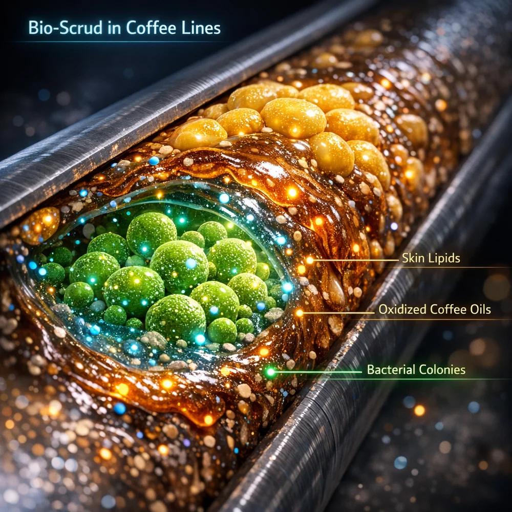 Molecular visualization of 'Bio-Scrud in Coffee Lines'. shows layers of oxidized coffee oils and skin lipids trapping bacterial colonies in a narrow tube. High-tech medical animation style, glowing organic markers, 4k.
