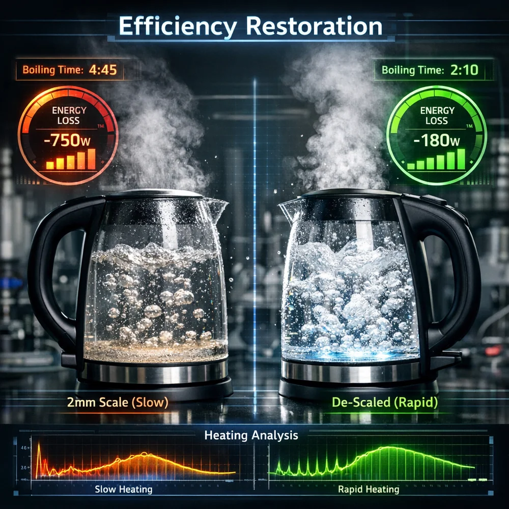 Laboratory photograph of 'Efficiency Restoration'. shows two kettles being boiled: one with 2mm scale (slow) and one de-scaled (rapid). High-tech data overlay showing thermal efficiency. High-speed scientific photography.
