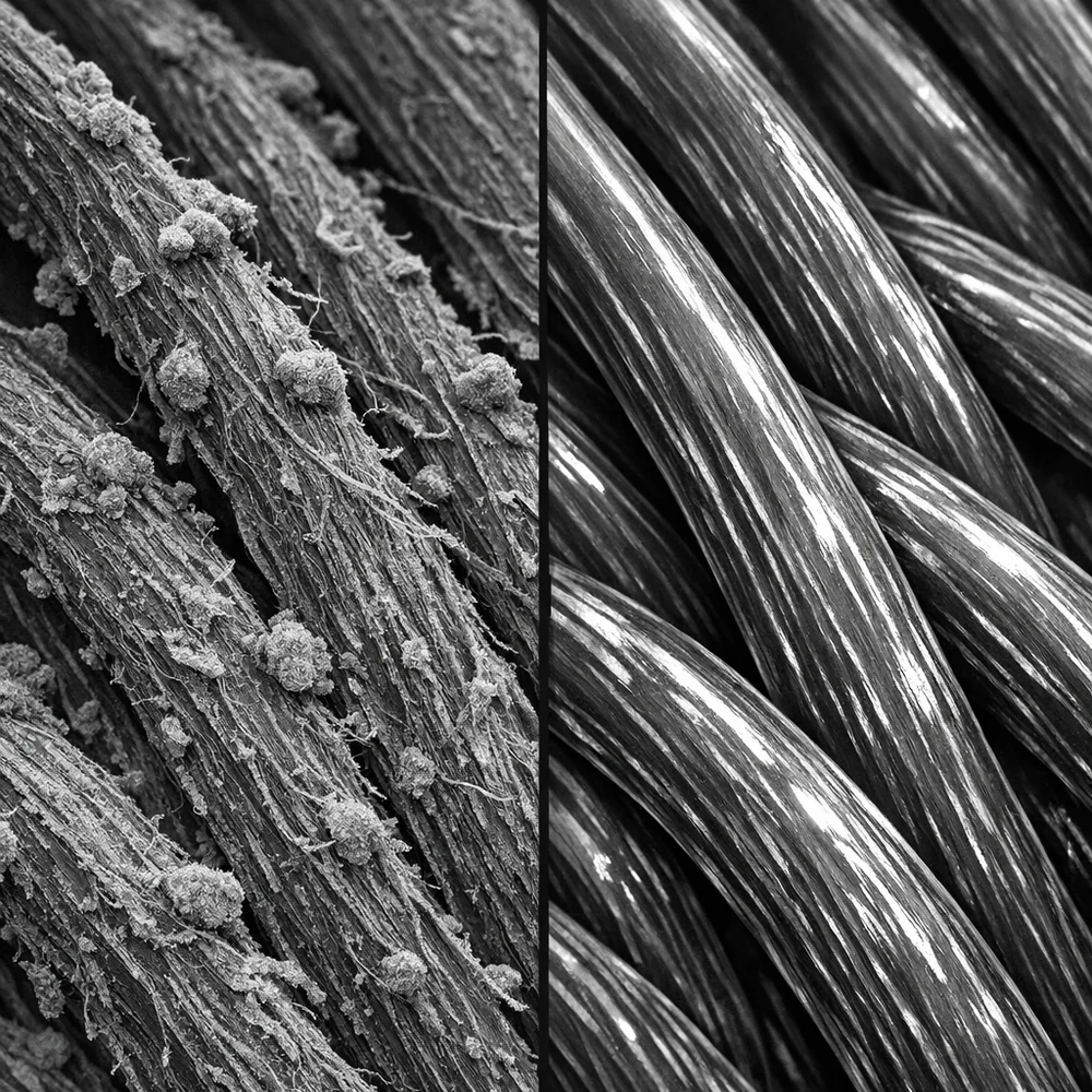 Scanning electron microscope (SEM) view of black cotton fibers. The left side shows pilled and frayed fibers (dull), and the right side shows fibers smoothed by Cellulase enzymes (vibrant). Visual comparison of light reflection. Scientific monochrome aesthetic, sharp detail, 8k.