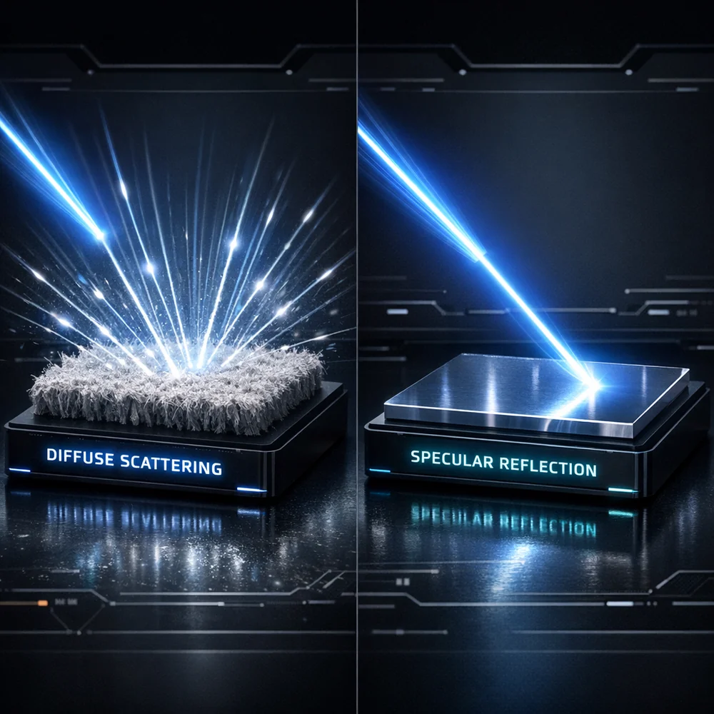 3D physical model of light waves hitting a frayed fiber surface and scattering in multiple directions (dullness) versus a smooth fiber reflecting light uniformly (vibrant color). High-tech optics visualization, glowing light rays, sleek dark interface style, 4k.