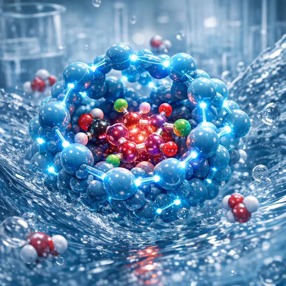 Molecular visualization of Dye Transfer Inhibitor (DTI) polymers (PVP) encapsulating a fugitive dye molecule in the wash water. The polymer wraps around the dye to prevent redeposition. Glowing chemical bonds, fluid dynamics, clean lab aesthetic, 4k render.