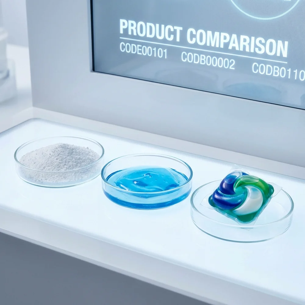 Professional laboratory setup with three glass containers: one with white crystalline powder, one with viscous blue liquid, and one with a multi-chambered liquid pod. Depth of field focus on the pod's PVA film. 8k, photorealistic, clinical lighting, high-tech interface background.