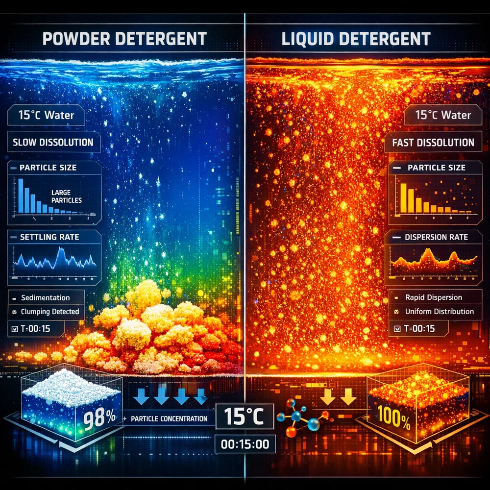 A split-screen scientific visualization showing the dissolution kinetics of powder versus liquid detergent in 15°C water. Powder is clumping and settling, while liquid is dispersing immediately. Thermal imaging colors, microscopic particles, high-tech data overlay.