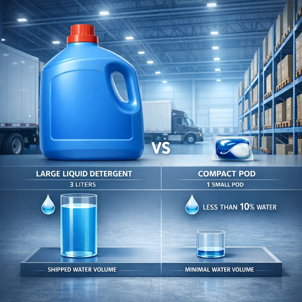 Sleek infographic-style 3D render showing a large liquid detergent jug next to a compact concentrated pod, illustrating the difference in volume and 'shipped water'. Background shows a logistical warehouse with blue clinical lighting. Professional, authoritative, clean aesthetic.