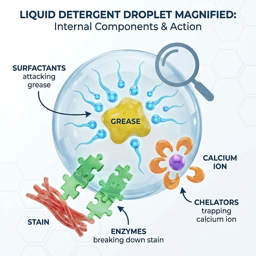 Extreme magnification of a single detergent droplet. Visible surfactant molecules forming a protective layer at the air-water interface. Floating enzyme proteins in the center. Glowing 3D molecular structures, high-tech medical animation style, dark blue aesthetic.