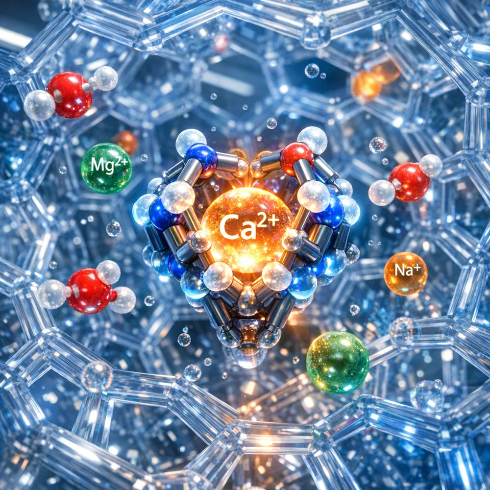 Molecular 'claw' (chelator) grabbing a Calcium ion in a hard-water environment. Visualization of the ionic exchange process within a zeolite cage. High-tech scientific rendering, glowing atoms, sterile lab background, 4k.