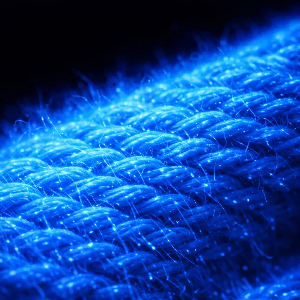 Cotton fabric under ultraviolet (UV) light showing the brilliant blue fluorescence of optical brighteners. Glowing fibers against a dark background, scientific contrast, 8k resolution, photorealistic clinical photography.