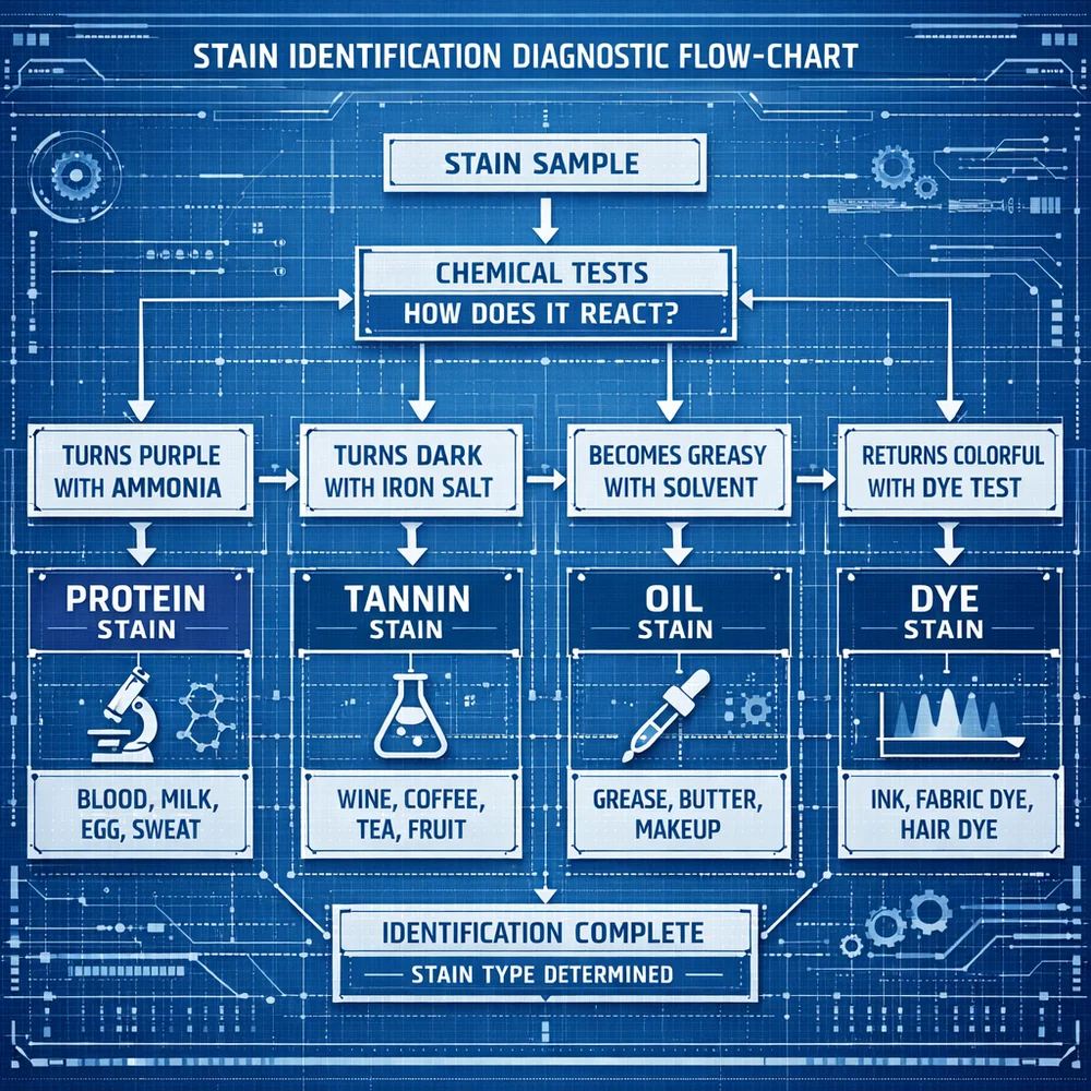 Scientific 'Diagnostic Flow-Chart' for stain identification. shows the classification of stains into Protein, Tannin, Oil, and Dye based on chemical response. Engineering blueprint style, high-tech interface, clinical aesthetic.