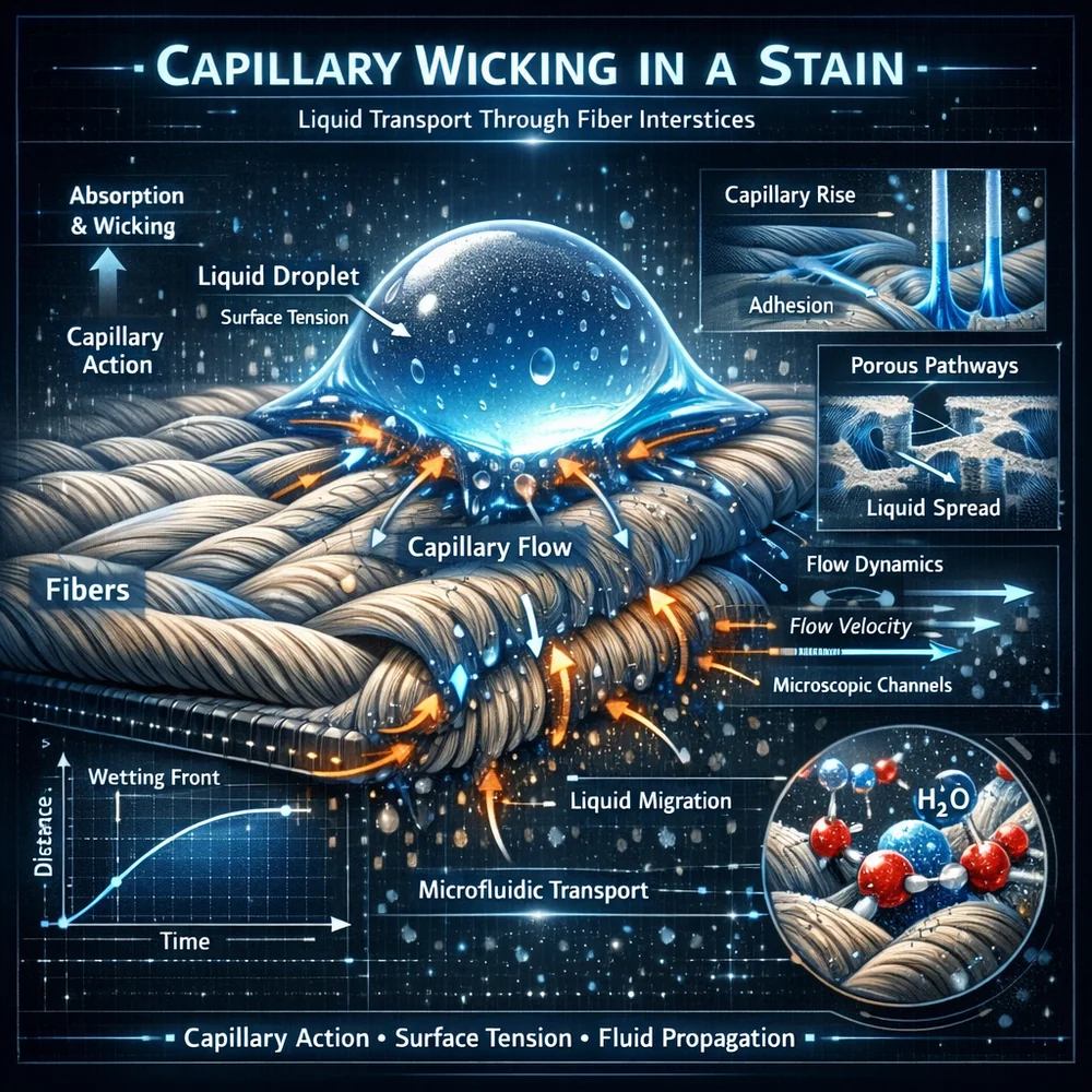 Scientific visualization of 'Capillary Wicking' in a stain. shows how a liquid droplet spreads through the interstitial spaces between fibers based on surface tension. High-tech engineering schematic, fluid dynamics, 8k.