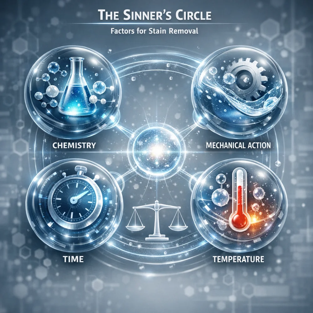 Molecular representation of 'The Sinner's Circle' variables. shows the balance of Chemistry, Mechanical Action, Time, and Temperature for stain removal. High-tech medical animation style, clinical grey and blue, 4k.