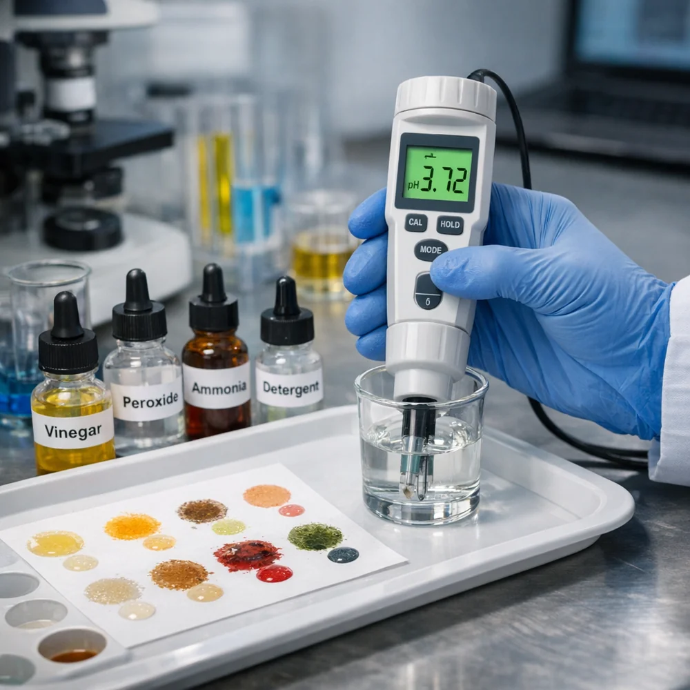 Laboratory photograph of 'Stain Response testing'. features a technician using a digital PH meter to analyze the reaction of an unknown stain to different reagents. High-tech medical photography, professional lighting.
