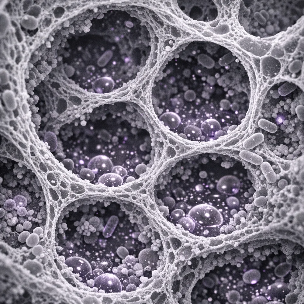 Graphic comparison of a porous sponge trapping bacteria versus a non-porous brush that rinses clean.
