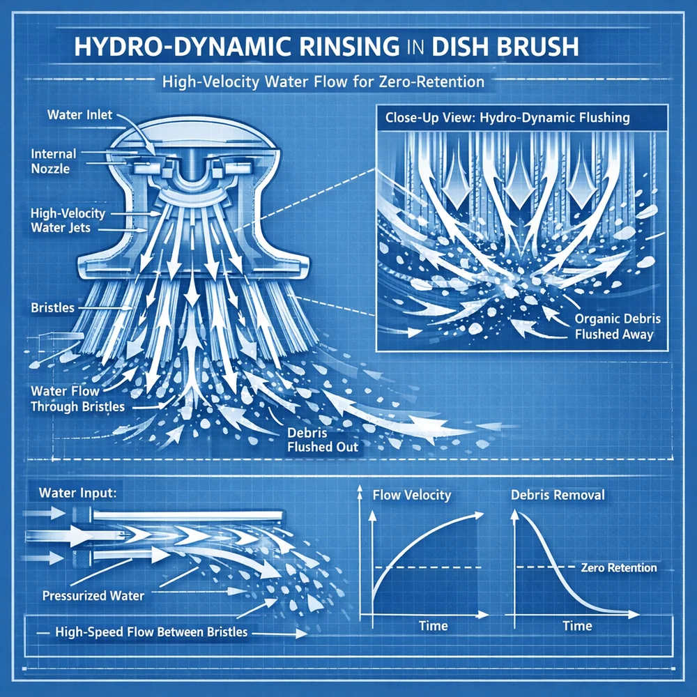 Technical diagram of 'Hydro-Dynamic Rinsing' in a dish brush. illustrates how high-velocity water flows between bristles to flush out organic debris with zero-retention. Engineering schematic, fluid dynamics, clinical blue aesthetic.