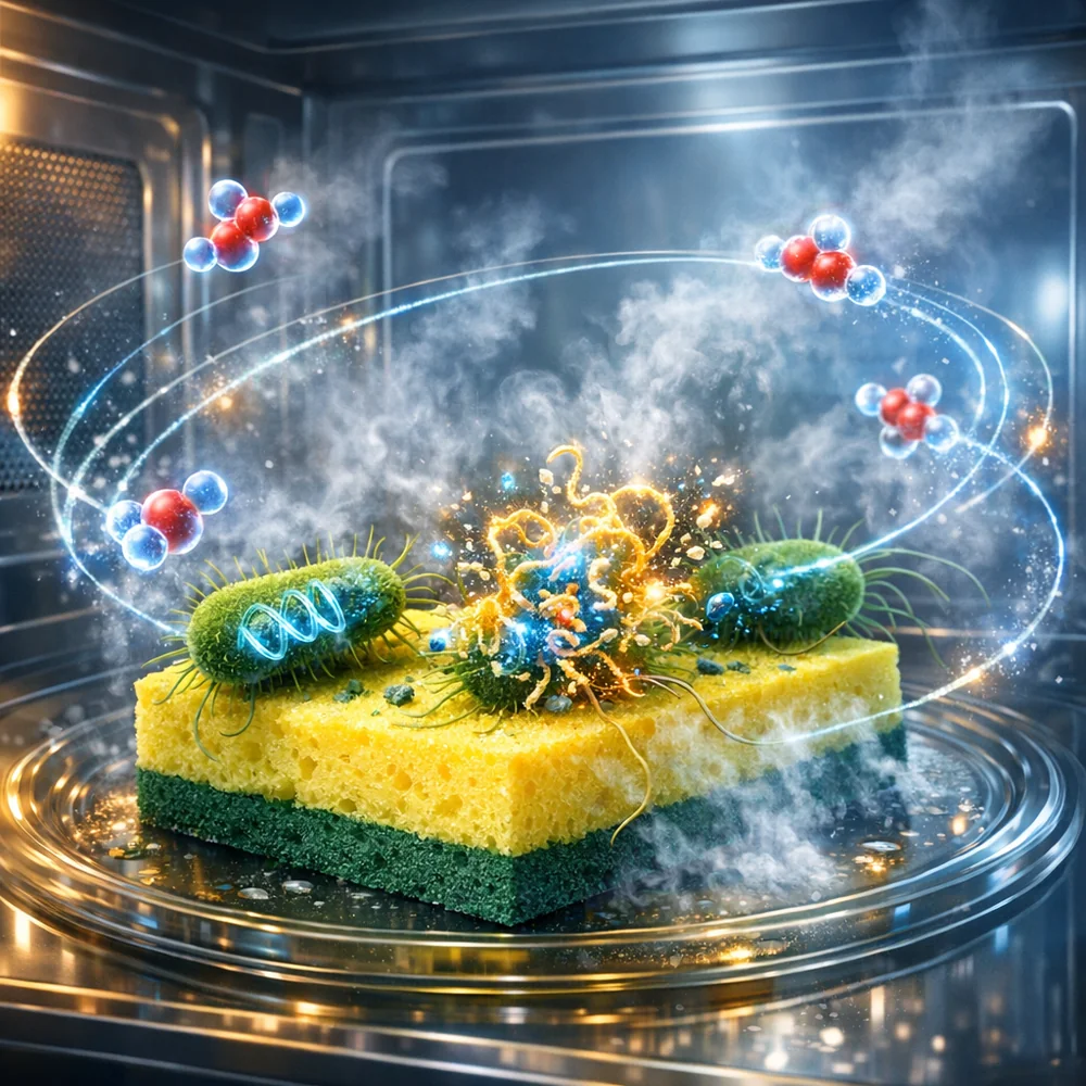 Molecular visualization of 'Sanitization Protocols'. shows a kitchen sponge in a microwave, with steam molecules denaturing the protein structures of E. coli bacteria. High-tech medical animation style, glowing atomic paths, 4k.