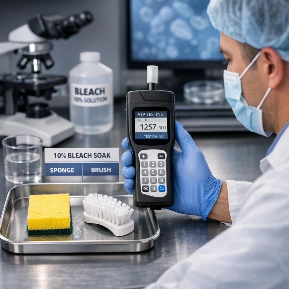 Professional setup of 'Hygiene Diagnostic'. shows a technician using an ATP bioluminescence meter to test the cleanliness of a sponge vs a brush after a 10% bleach soak. High-tech medical photography, professional lighting.