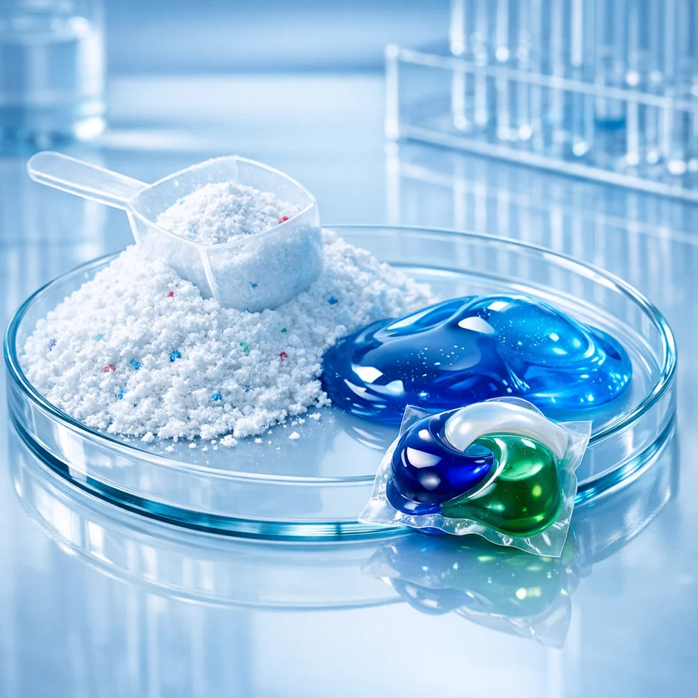 Artistic arrangement of white laundry powder, blue viscous gel, and a multi-chambered liquid pod on a laboratory glass plate. Clinical blue lighting, extremely sharp detail, 8k resolution.