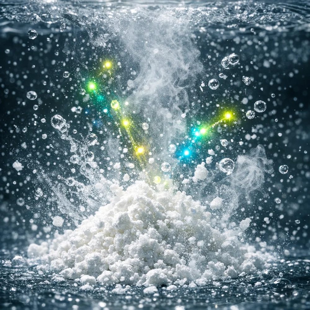 Action shot of white detergent powder dissolving in 140 F water, releasing glowing enzyme particles. High-speed photography, fluid dynamics, scientific aesthetic.