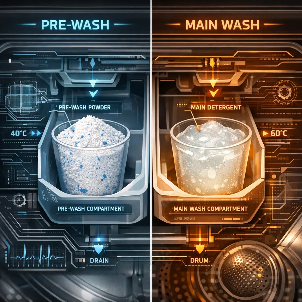 A split-screen visualization: one side showing a 'Pre-Wash' cup filled with powder, the other showing a main wash cup. Technical machine diagram, high-tech interface.