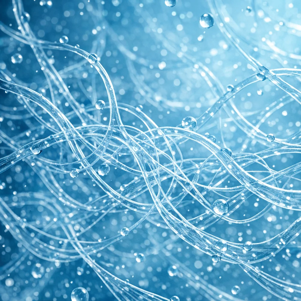 Microscopic visualization of PVA polymer chains remaining in water after a pod film has dissolved. The chains are tangled like invisible threads. High-tech scientific rendering, clinical blue aesthetic.