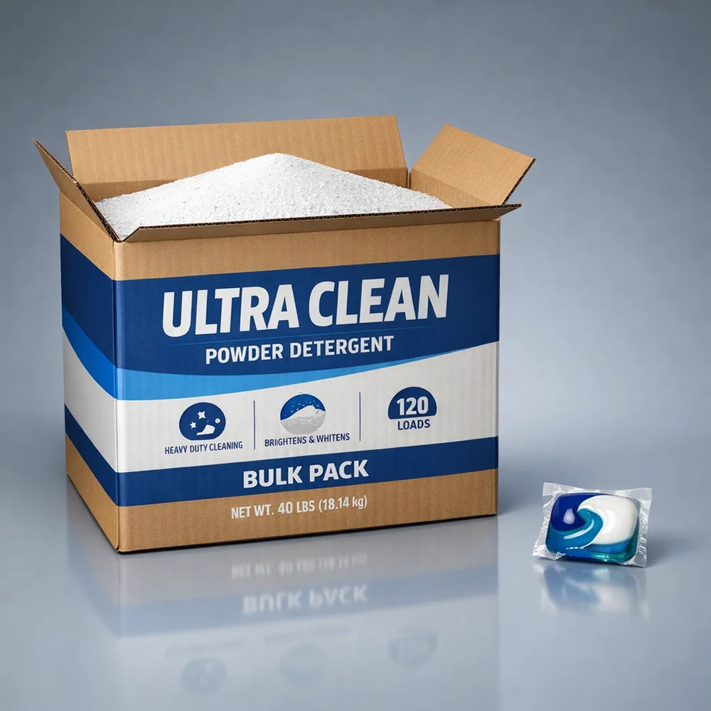 Sleek 3D render of a bulk cardboard box of white powder detergent next to a single plastic pod. Visualizing the difference in physical volume and packaging waste. Professional, authoritative aesthetic.