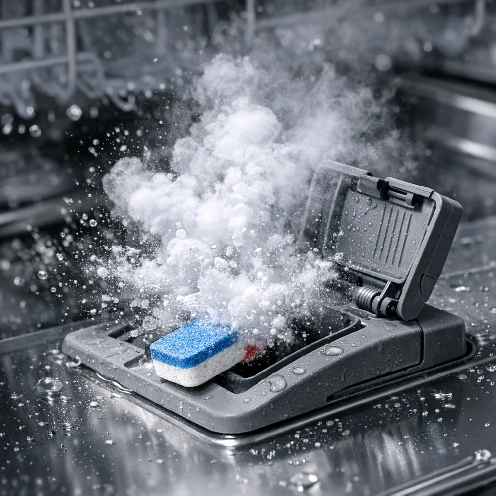 Action shot of a dishwasher's detergent dispenser door opening mid-cycle, releasing a cloud of steam and active cleaning agents. High-speed laboratory photography, clinical lighting.