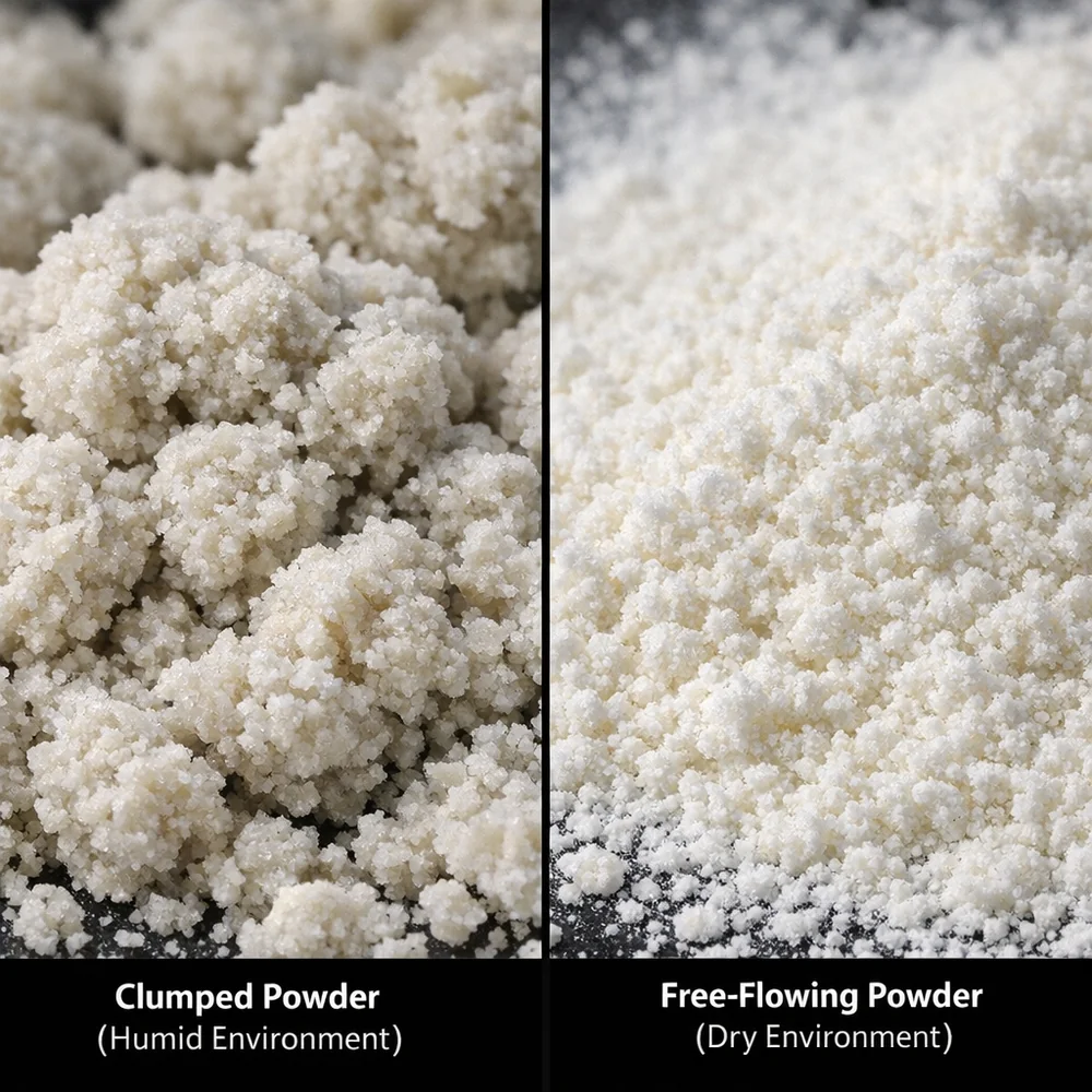Split-screen comparison: one side showing clumped powder from a humid environment, the other showing free-flowing dry powder. Macro photography, sharp focus, technical detail.