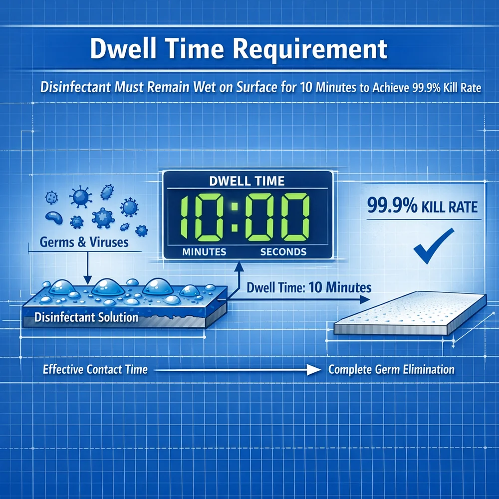 Technical diagram of 'Dwell Time Requirement'. illustrates how the liquid disinfectant must remain wet on the surface for exactly 10 minutes to achieve 99.9% kill rate. Engineering schematic, digital clock overlay, clinical blue background.