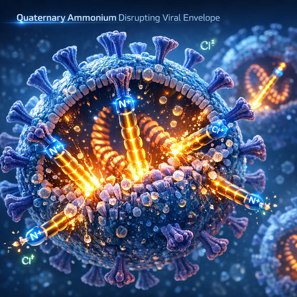 Molecular visualization of 'Quaternary Ammonium' disrupting a viral envelope. shows the long-chain molecules piercing the lipid layer of the virus. High-tech medical animation style, glowing chemical particles, clean lab aesthetic.