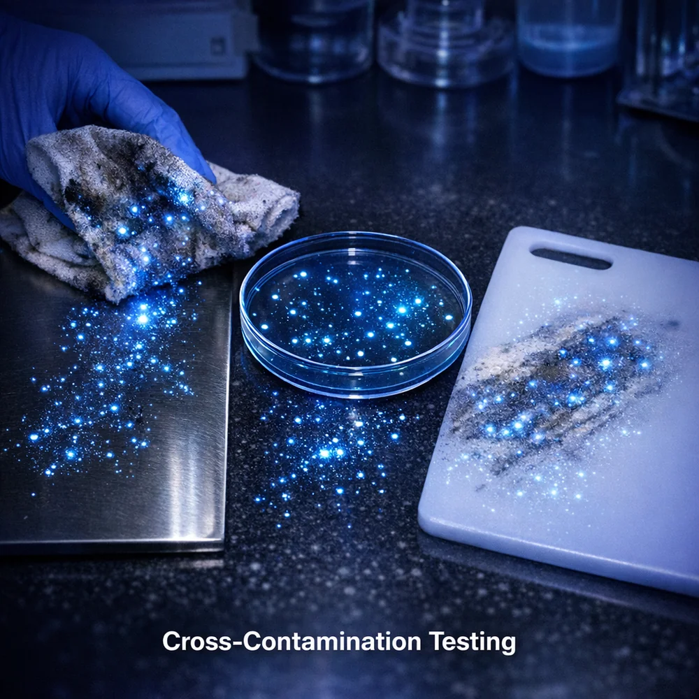 Laboratory photograph of 'Cross-Contamination testing'. shows a single dirty cloth spreading glowing biological markers across three different 'clean' surfaces. technical optics visualization, UV-light effect, photorealistic.
