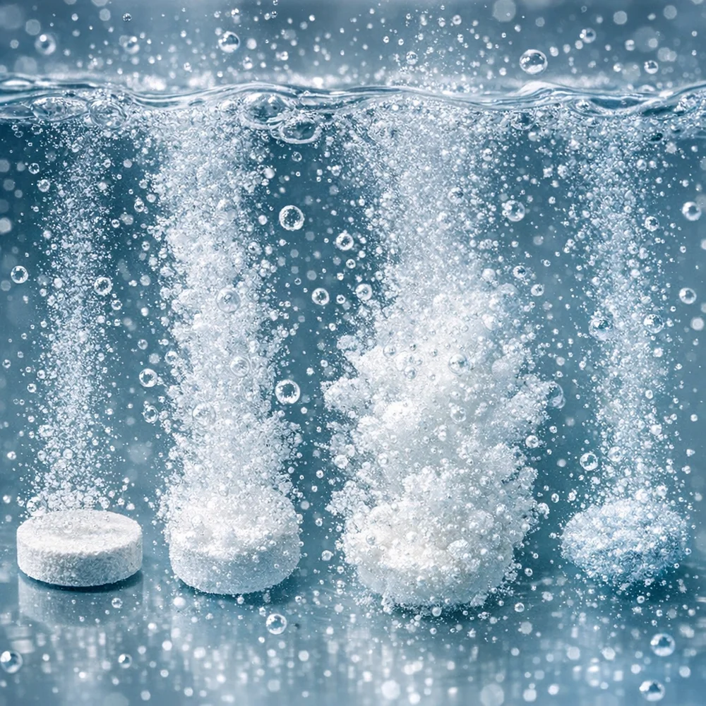 High-speed macro photography of multiple cleaning tablets at different stages of effervescent dissolution in water. Vibrant bubble trails, clinical laboratory aesthetic, 8k.