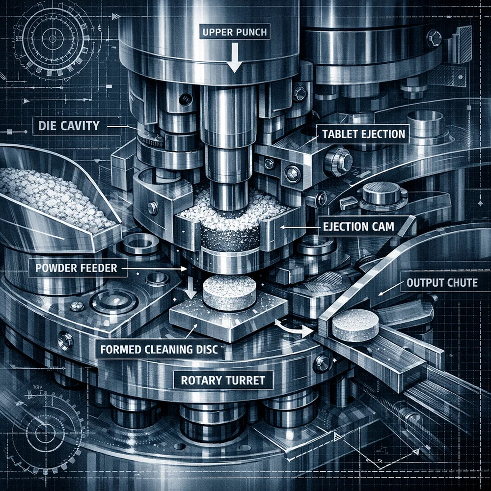 Technical 3D render of a rotary tablet press compressing anhydrous powders into a solid cleaning disc. Engineering blueprint overlay, industrial aesthetic, high-contrast.
