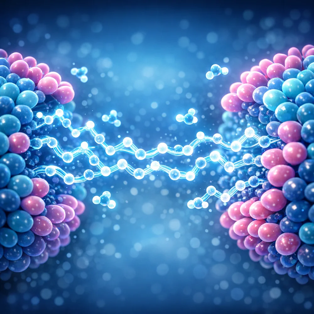 Molecular visualization of Polyethylene Glycol (PEG) chains acting as a dry lubricant between surfactant particles. Glowing 3D structures, clinical medical animation style.